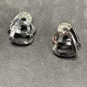 Vintage Double Link Heart Clip On Earrings Silver Tone White Rhinestone Accents